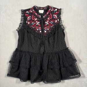 Kate Spade Blouse Womens Size Medium Black Camellia Embroidered Peplum Ruffle